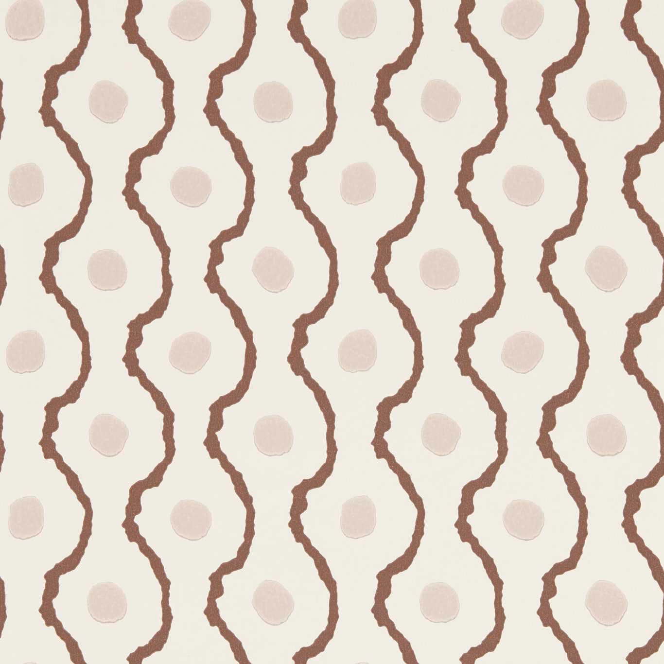 Cream wallpaper with chocolate looping lines and pale blush circular motifs