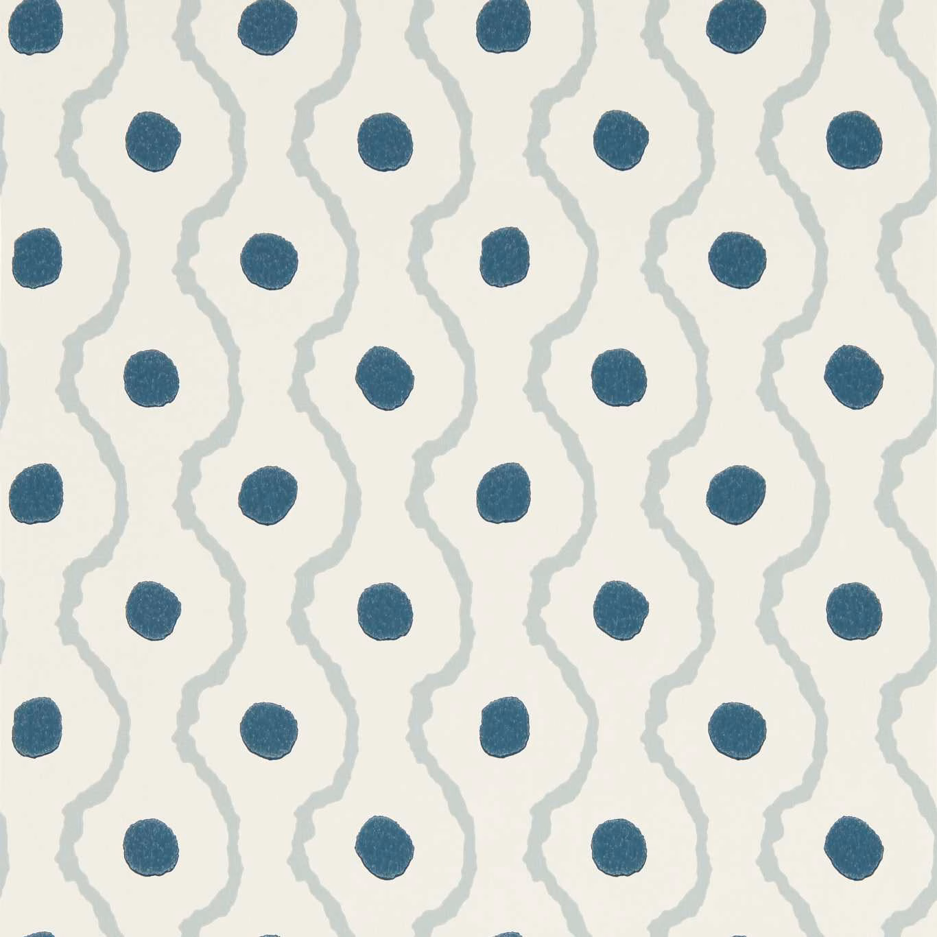 Cream wallpaper with deep Pacific-blue dots and icy grey winding lines