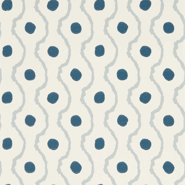 Cream wallpaper with deep Pacific-blue dots and icy grey winding lines