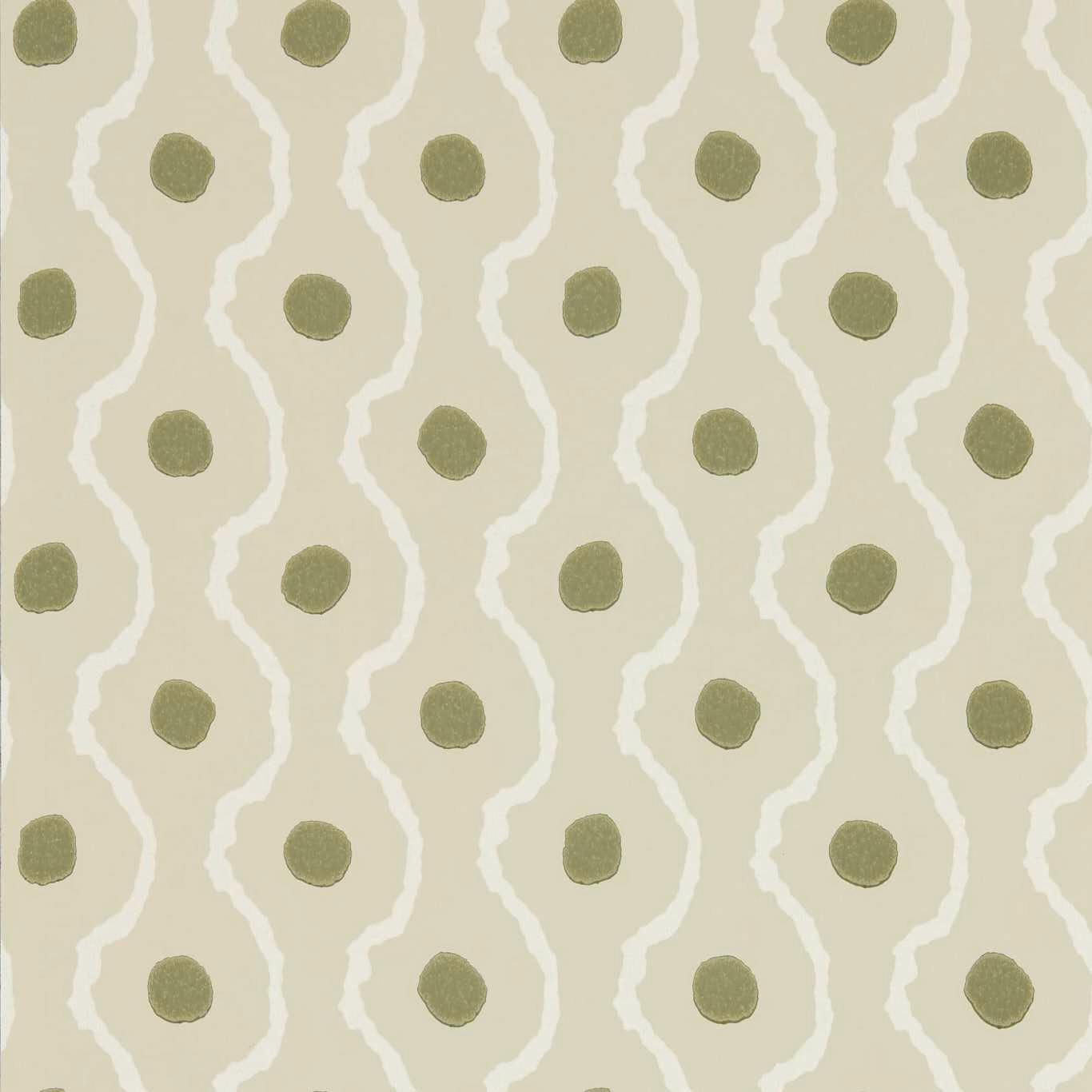 Pale matcha wallpaper with olive spots and wavy ivory vertical lines