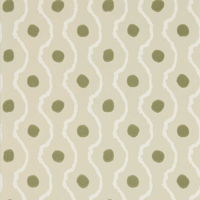 Pale matcha wallpaper with olive spots and wavy ivory vertical lines