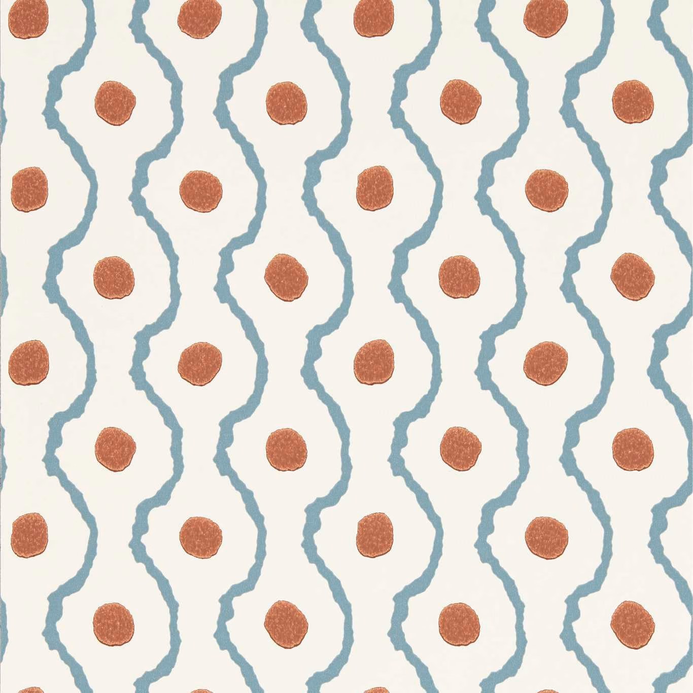 Cream wallpaper with terracotta pebble motifs and blue wavy vertical lines