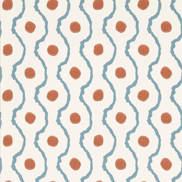 Cream wallpaper with terracotta pebble motifs and blue wavy vertical lines