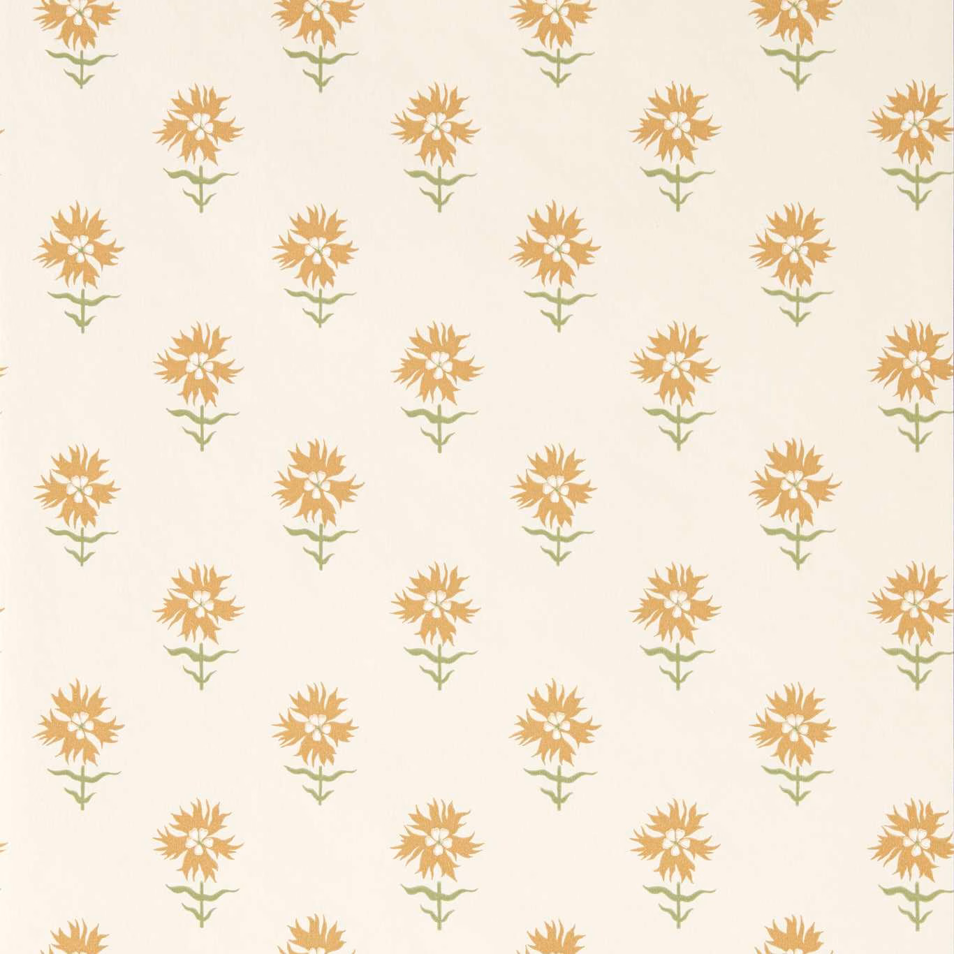 Ivory wallpaper with small honey-gold flowers and muted olive stems