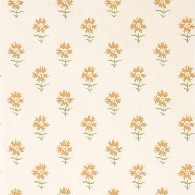 Ivory wallpaper with small honey-gold flowers and muted olive stems