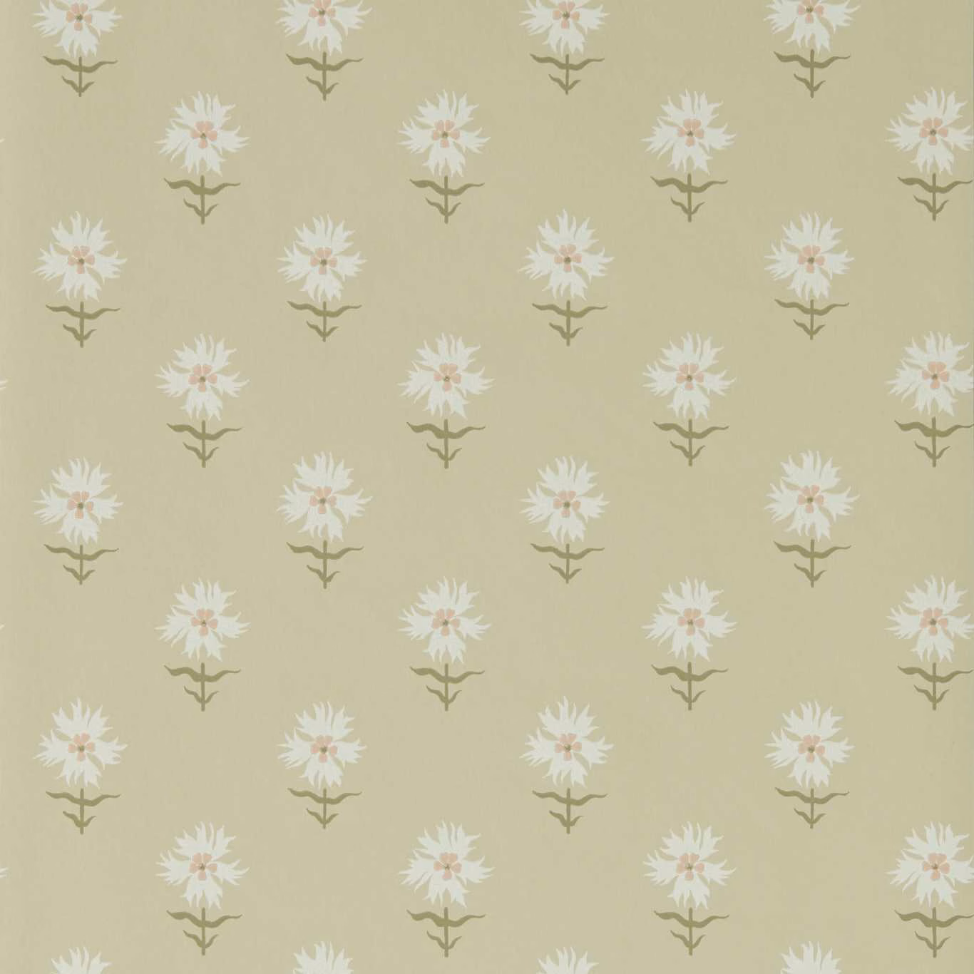 Muted sage wallpaper with small cream flowers and olive stems in a repeating pattern