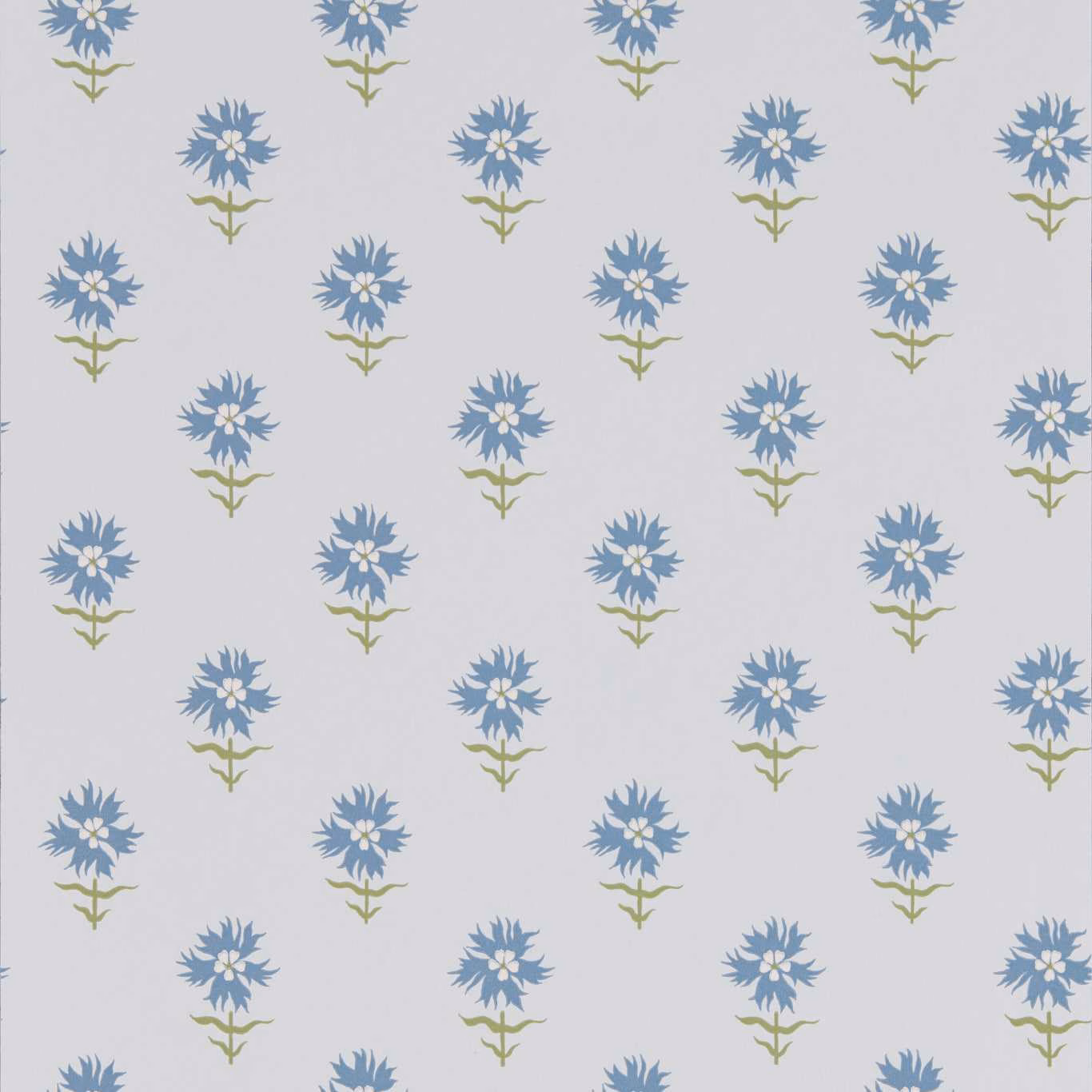 Dusty blue stylised flowers with olive stems on a cool pale grey wallpaper ground