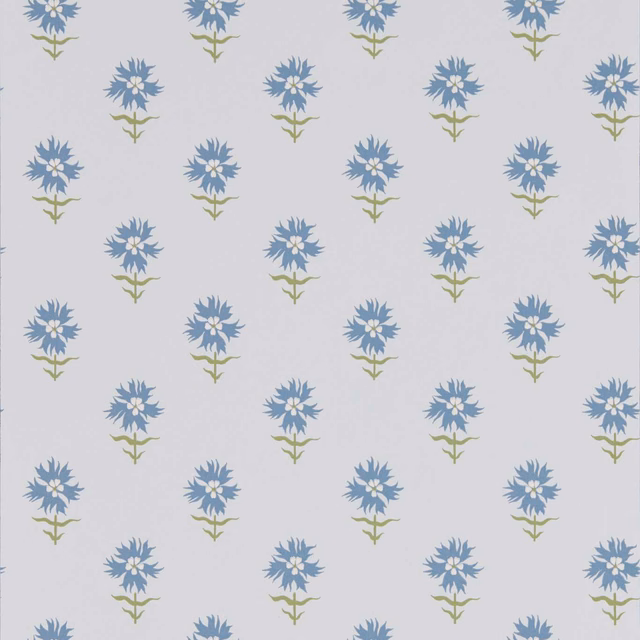 Dusty blue stylised flowers with olive stems on a cool pale grey wallpaper ground