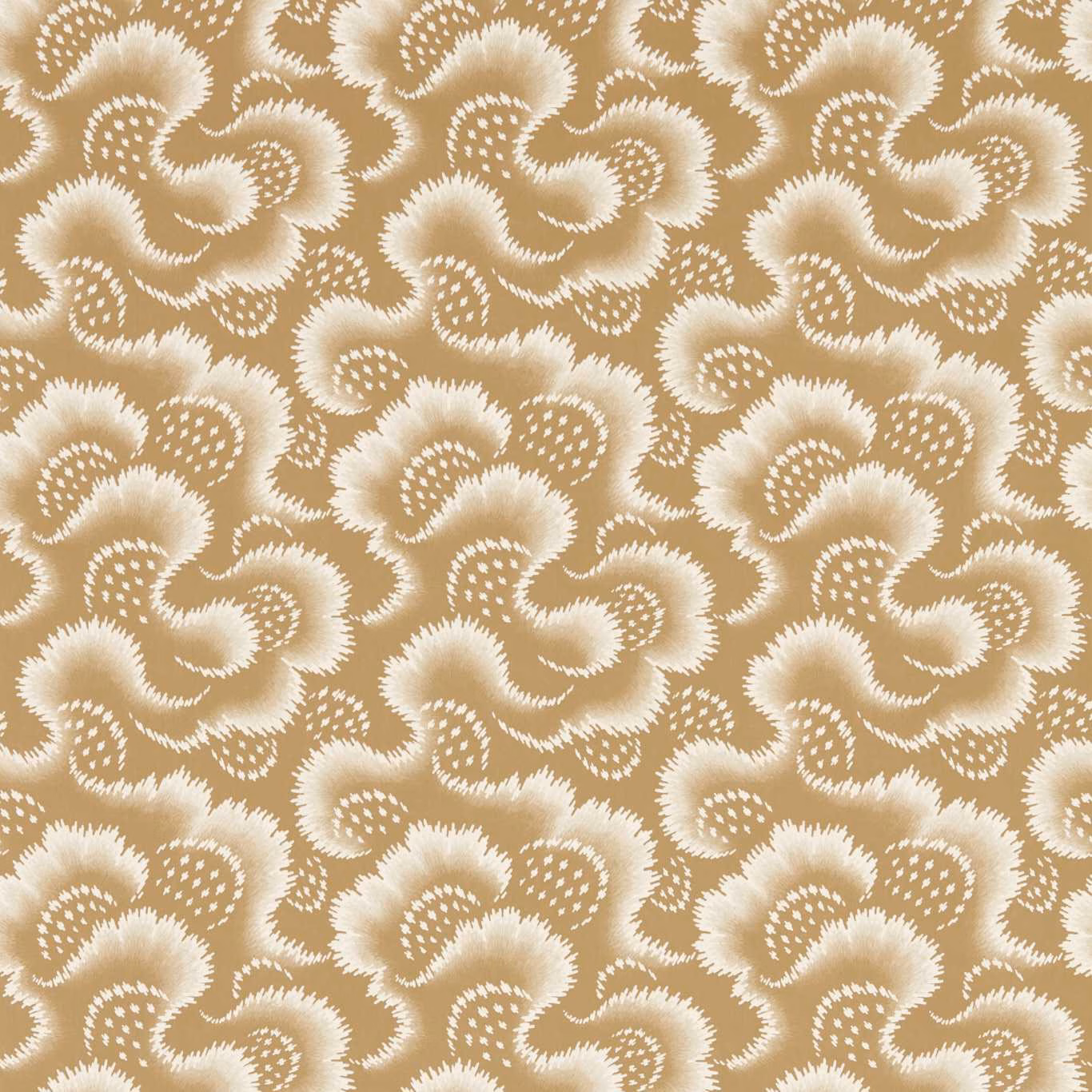 Warm fossil beige wallpaper with repeating cream paisley floral scroll motifs and dotted details