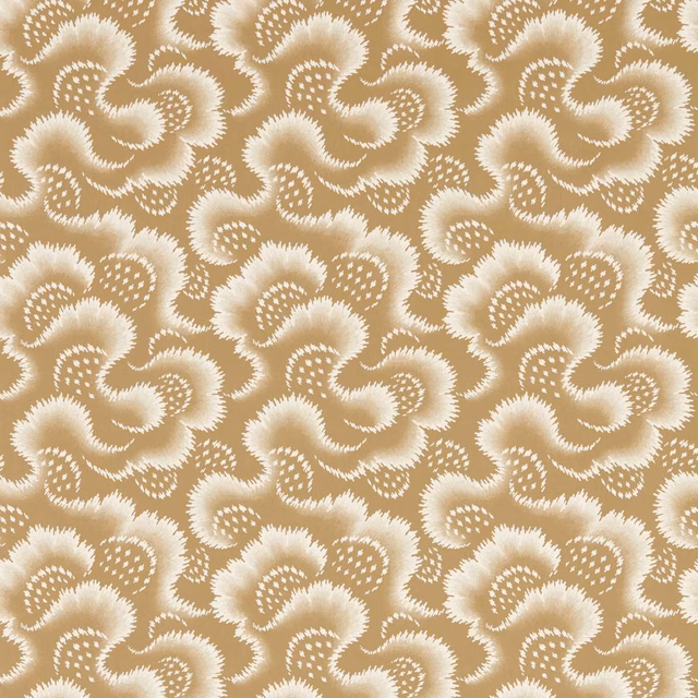 Warm fossil beige wallpaper with repeating cream paisley floral scroll motifs and dotted details