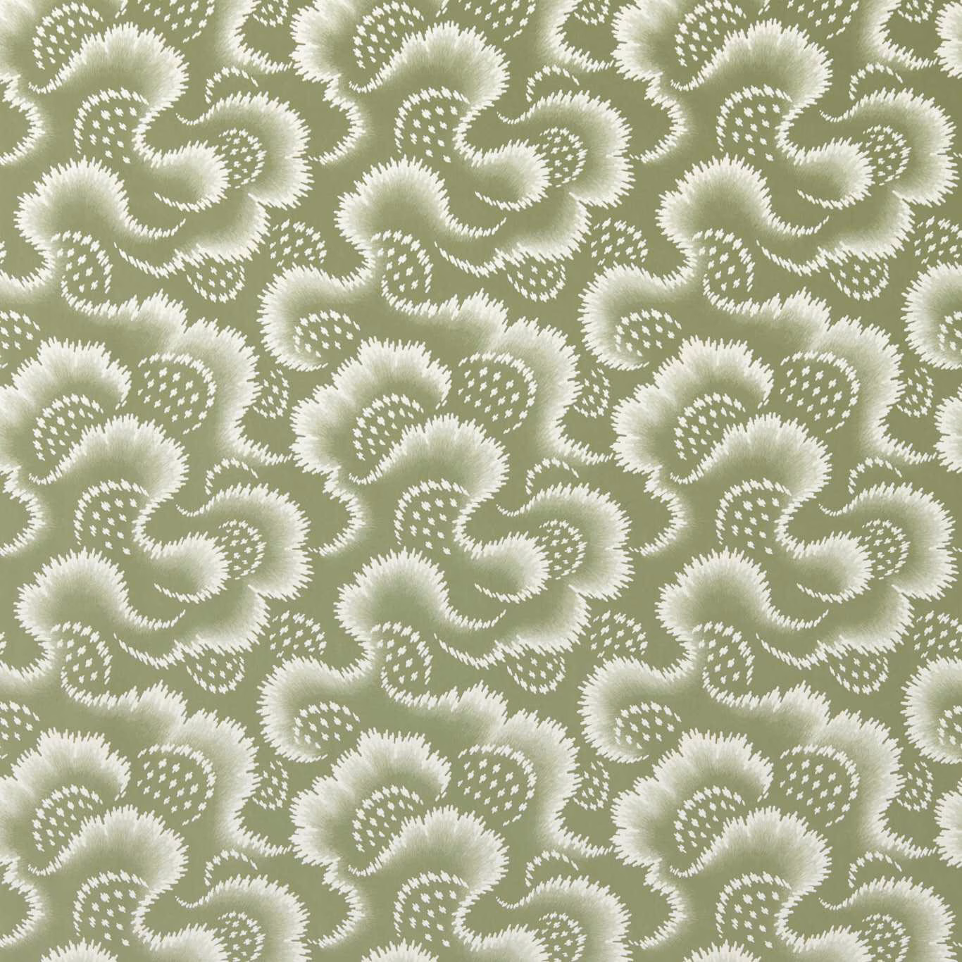 Muted matcha-olive wallpaper with creamy scrolling floral motifs and softly textured edges