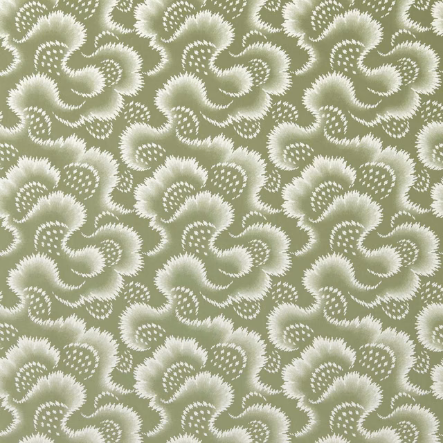 Muted matcha-olive wallpaper with creamy scrolling floral motifs and softly textured edges