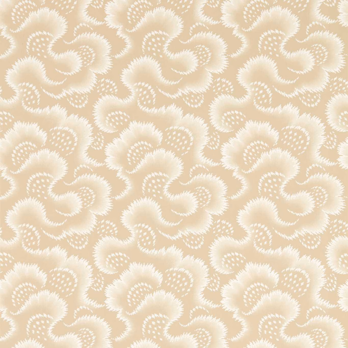 Warm oatmeal wallpaper with repeating ivory paisley floral motifs and dotted curved detailing