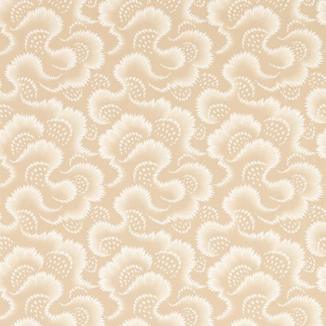 Warm oatmeal wallpaper with repeating ivory paisley floral motifs and dotted curved detailing