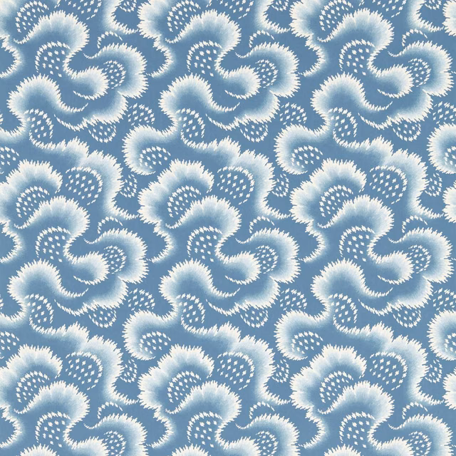 Cool Pacific blue wallpaper with ivory paisley curls and softly feathered floral forms