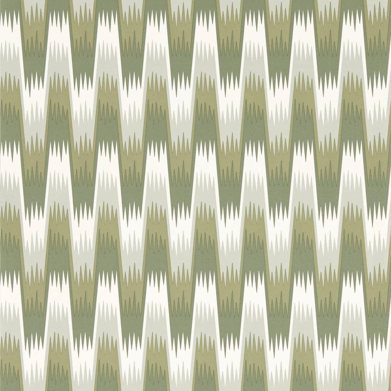 Muted matcha-green zigzag columns repeating on an ivory geometric wallpaper ground