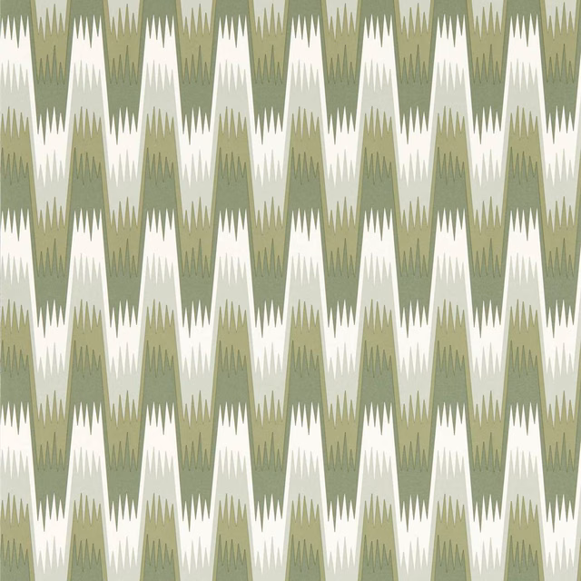 Muted matcha-green zigzag columns repeating on an ivory geometric wallpaper ground