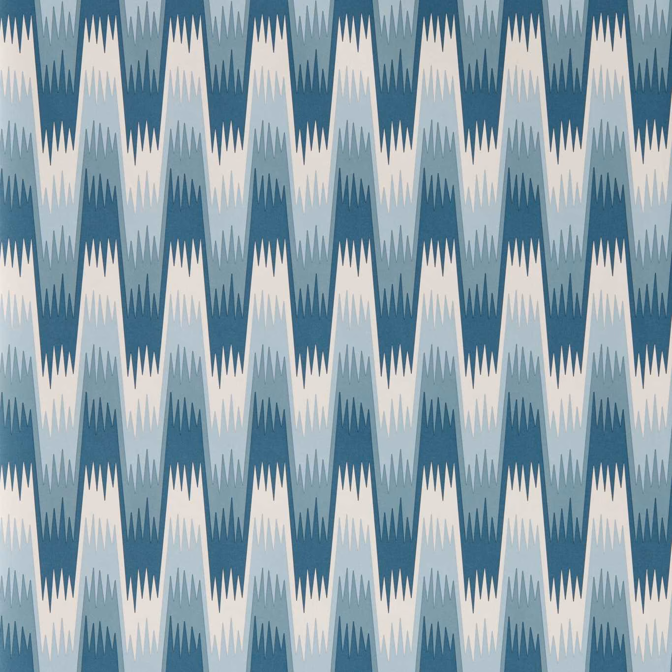 Cool teal-blue and ivory jagged diamond wallpaper with pale blue vertical motifs