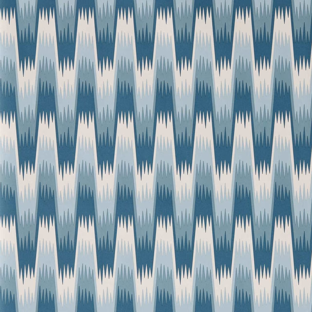 Cool teal-blue and ivory jagged diamond wallpaper with pale blue vertical motifs