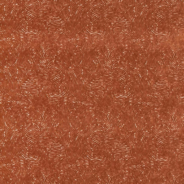 Warm terracotta woven fabric with fine cream swirling lines in an organic repeating motif