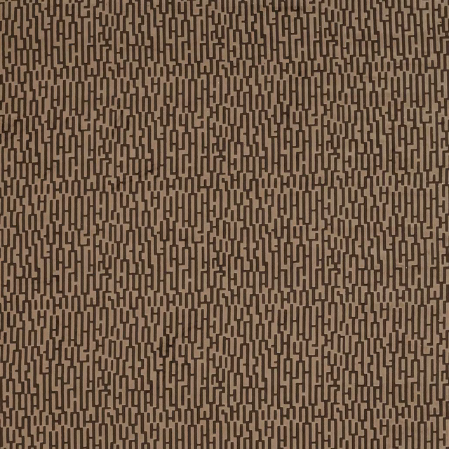 Chocolate-brown geometric fabric with dense dark vertical link motifs and textured weave