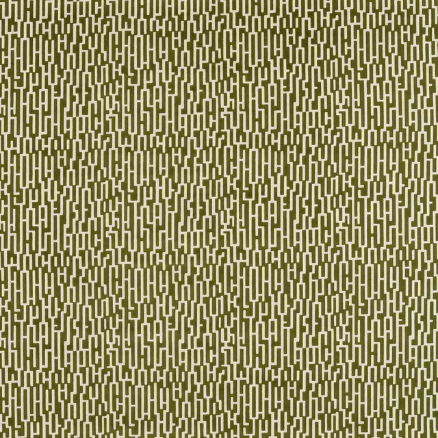 Deep matcha olive woven ground with warm-cream broken vertical maze lines