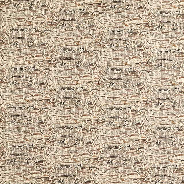 Dense chocolate-taupe woven fabric with cream and dark brown marbled horizontal lines
