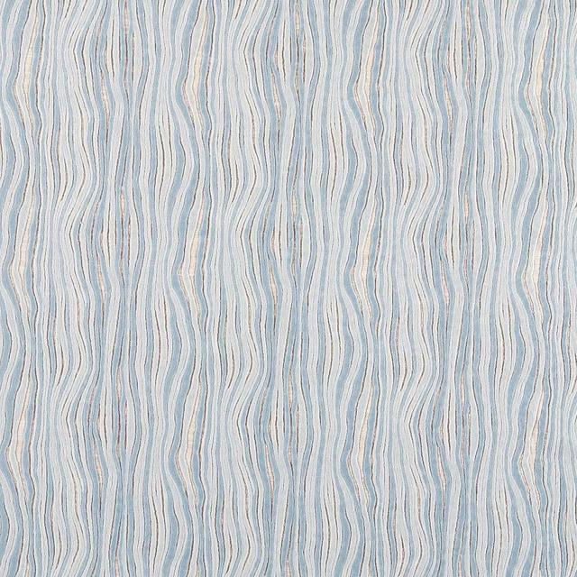 Pale Aegean blue woven fabric with ivory and grey undulating vertical stripes