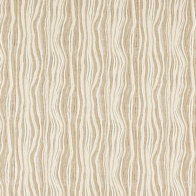 Warm oatmeal woven textile with fine undulating ivory and taupe vertical lines