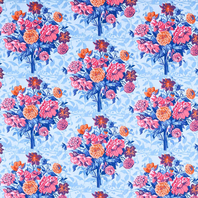 Icy blue floral swatch with coral, pink and plum bouquet clusters