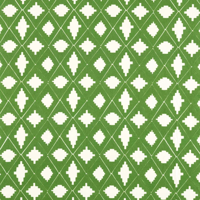 Peridot green fabric with pearl geometric motifs in a fine diamond lattice