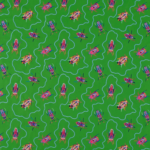 Emerald green fabric with colourful beetles and pale dotted winding trails