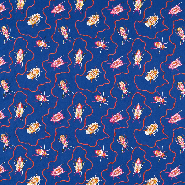 Deep lapis ground with pink, cream and gold beetles linked by red lines