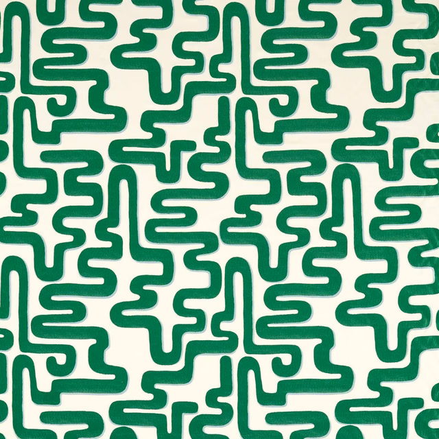 Emerald-green maze lines on a pale aqua-cream, lightly textured fabric ground