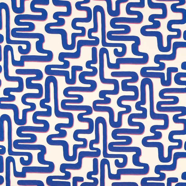 Cream textile with dense lapis maze lines and fine spinel-red edging
