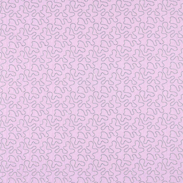 Pale lilac textile with dense darker purple looping motifs and a softly woven surface