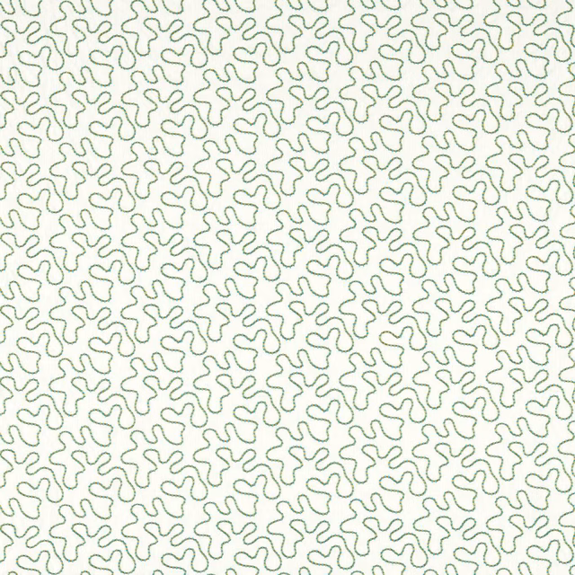Pearl fabric covered in closely spaced pale peridot-green looping squiggles