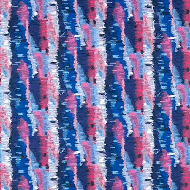 Lapis blue, ruby pink and pale grey ikat-like vertical woven stripes
