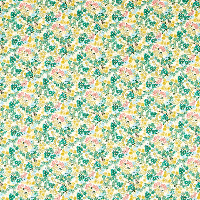 Dense small-scale floral sprigs in emerald, peridot, rose and yellow on cream