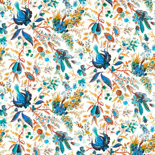 Ivory floral fabric with lapis birds, emerald foliage and carnelian sprigs