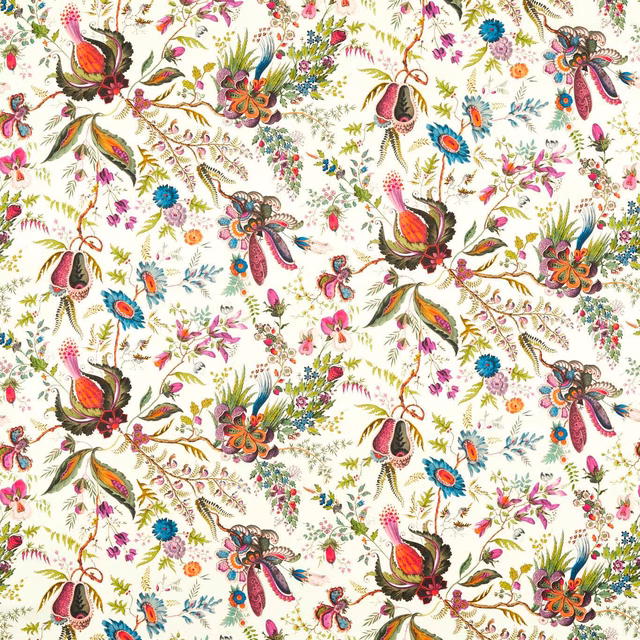 Cream floral fabric with coral, turquoise, berry and olive botanical sprays