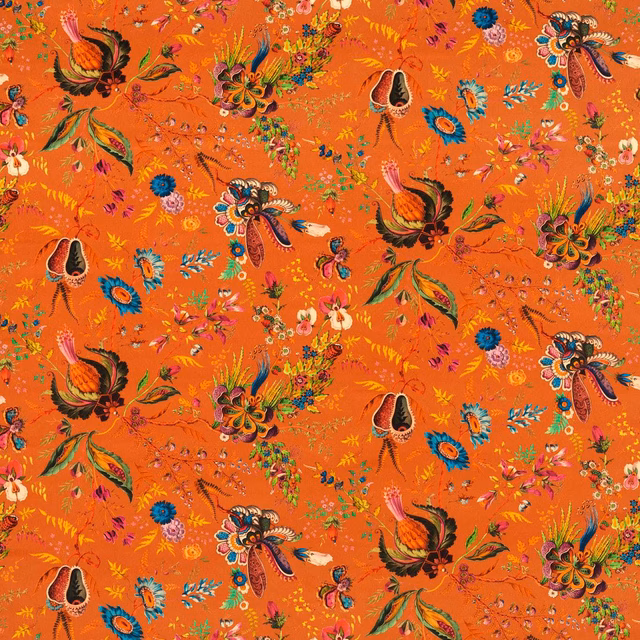 Burnt-orange velvet with blue, ruby, yellow flowers and stylised bird motifs