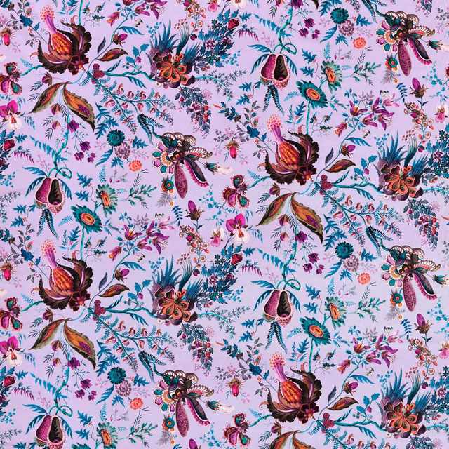 Lilac velvet with ruby blooms, teal foliage and intricate trailing botanical motifs