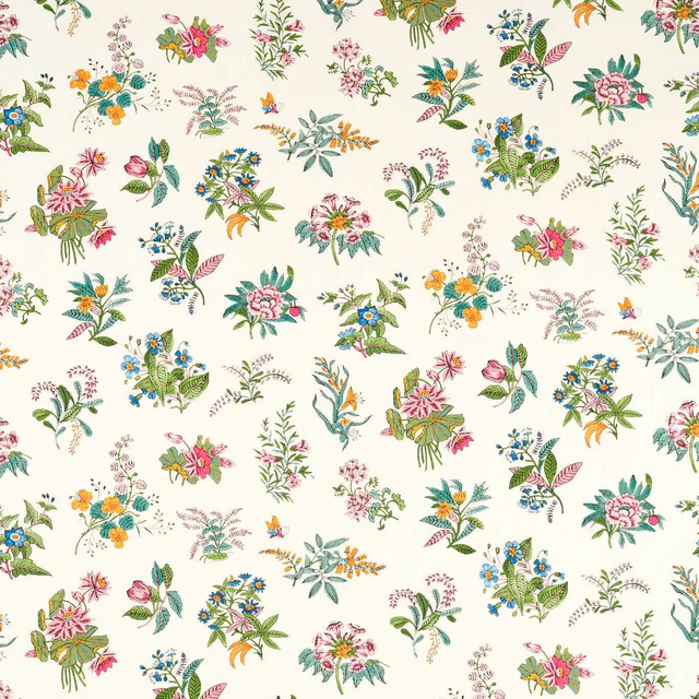 Pearl floral fabric with peridot foliage, ruby blossoms and scattered botanical sprigs