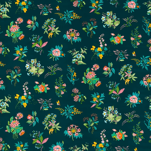 Deep jade velvet with scattered coral, pink, yellow and teal floral sprigs