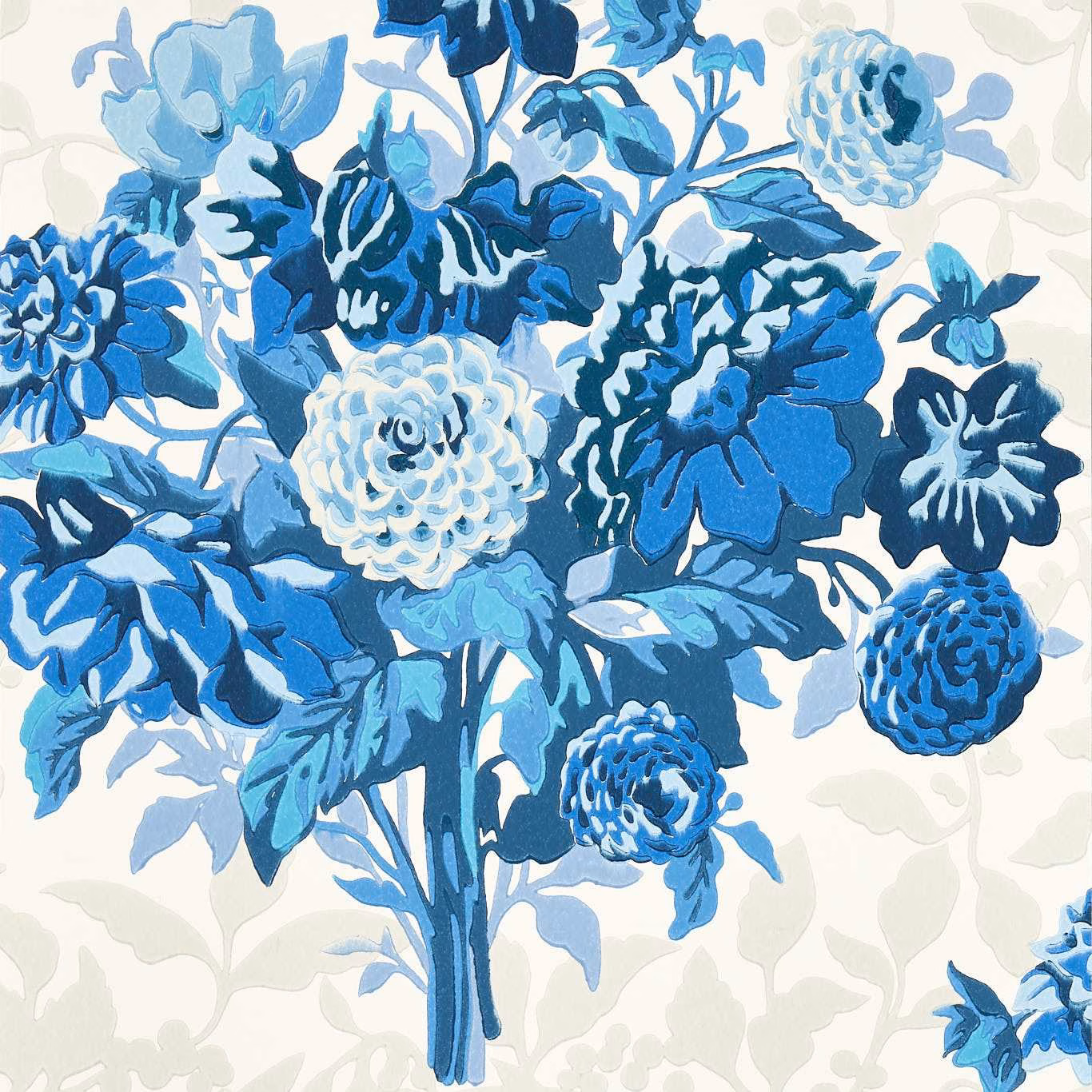 Lapis blue dahlia bouquet with layered petals and foliage on a pale ground