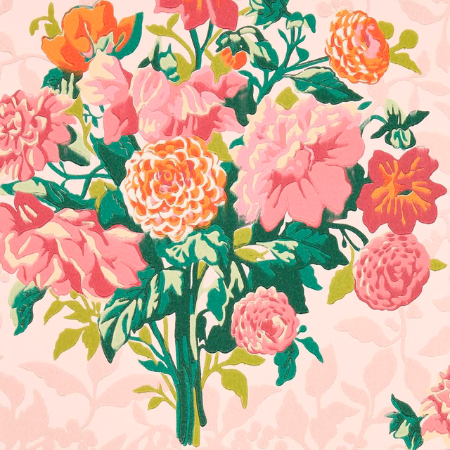 Blush wallpaper with vivid pink dahlias, coral blooms and deep green leafy stems