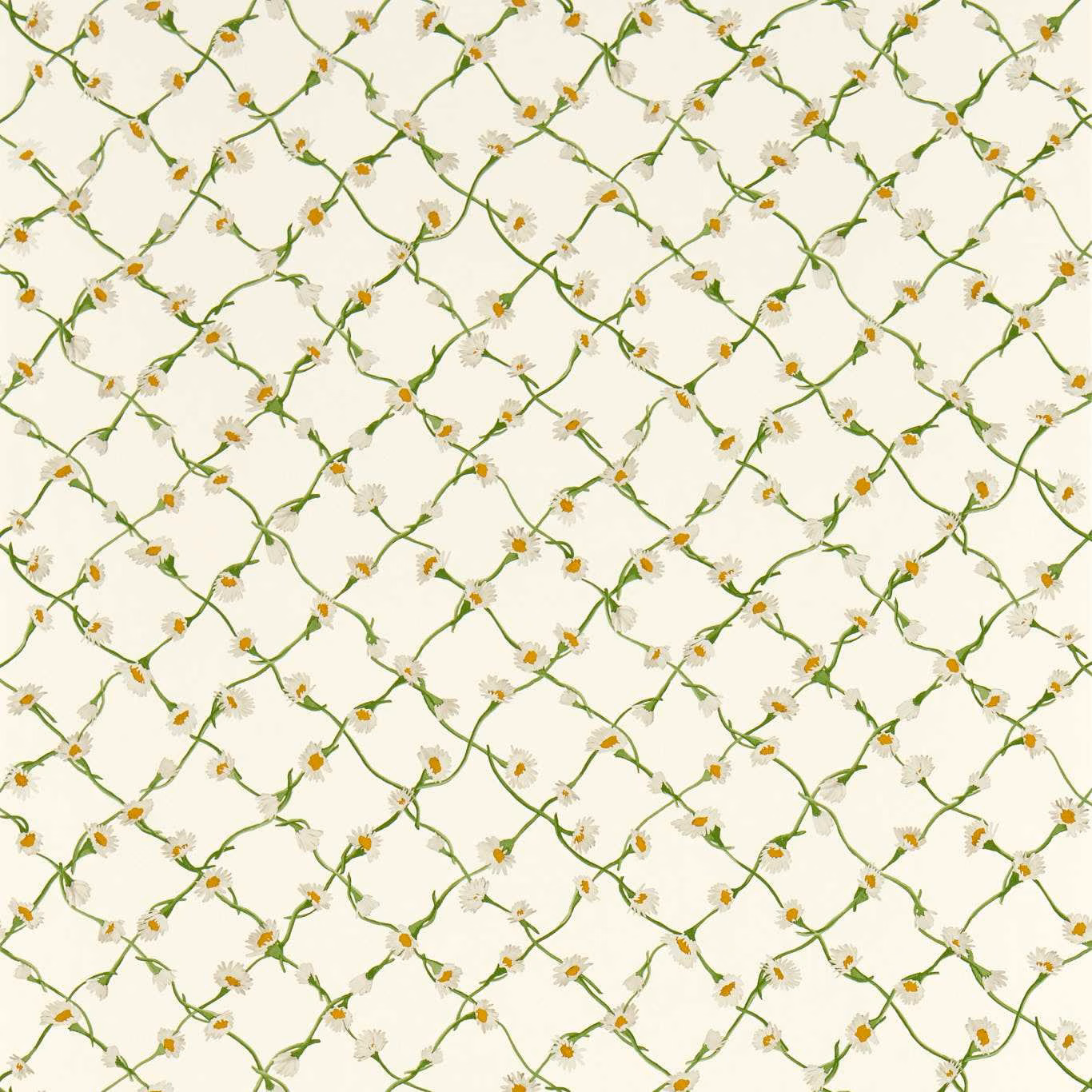 Pearl wallpaper with emerald curling vines, white daisies and ochre flower centres