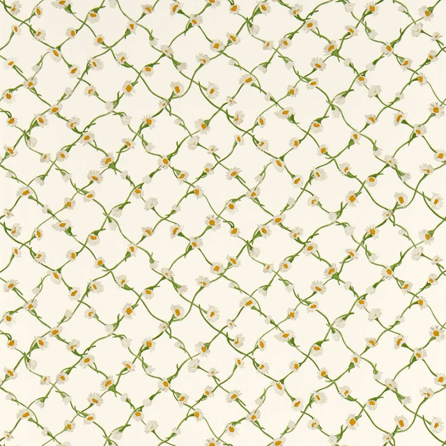 Pearl wallpaper with emerald curling vines, white daisies and ochre flower centres