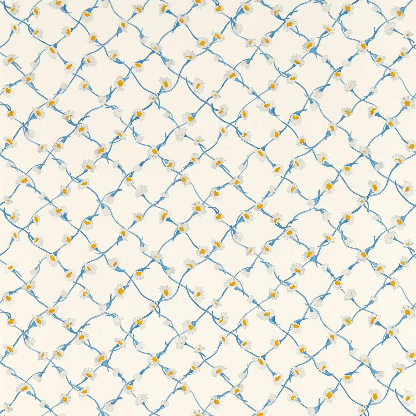 Pearl wallpaper with lapis-blue vines, white daisies and yellow centres